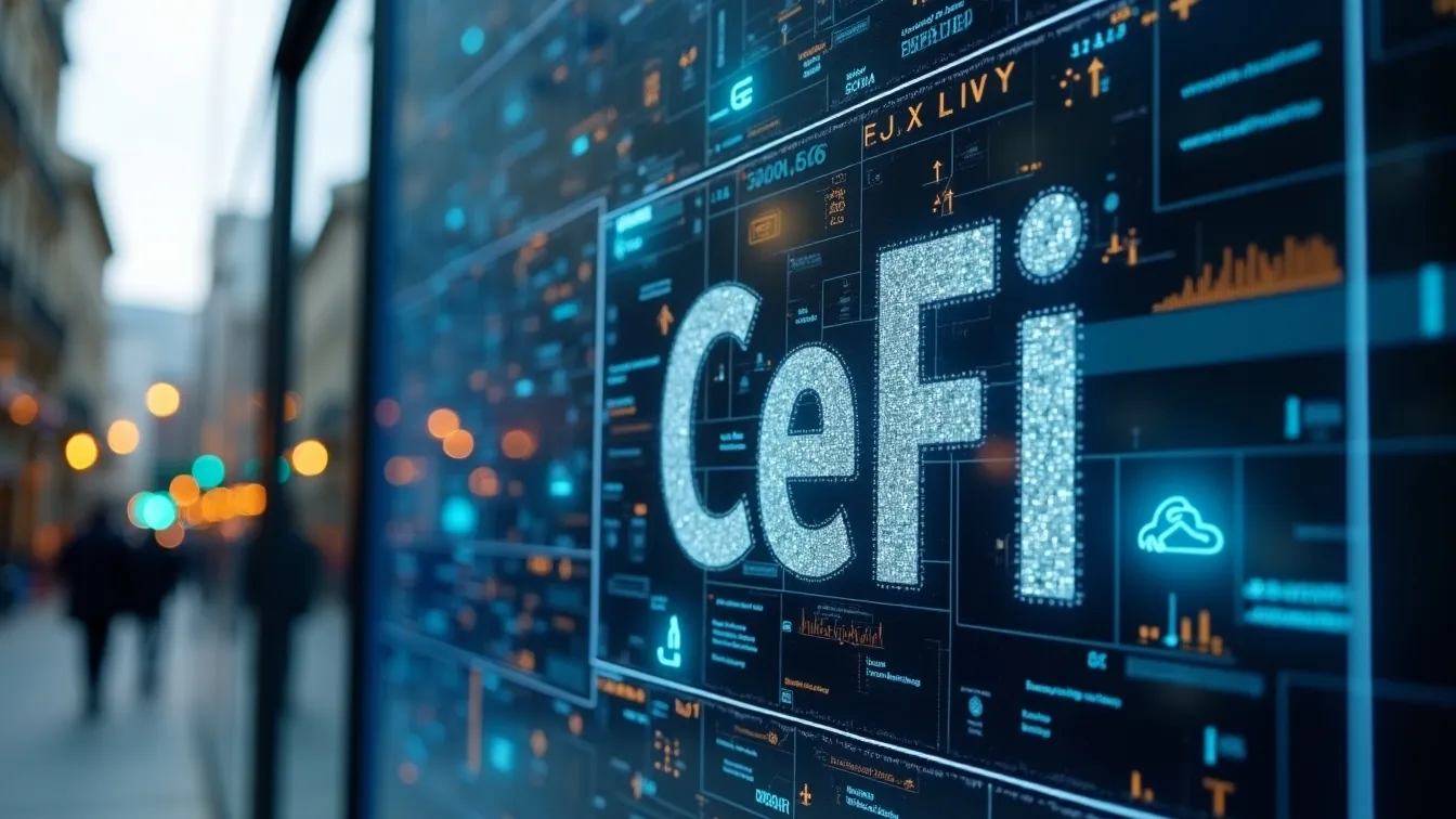 Professional building labeled CeFi with digital USDC coins CeFi institution bridging stable assets