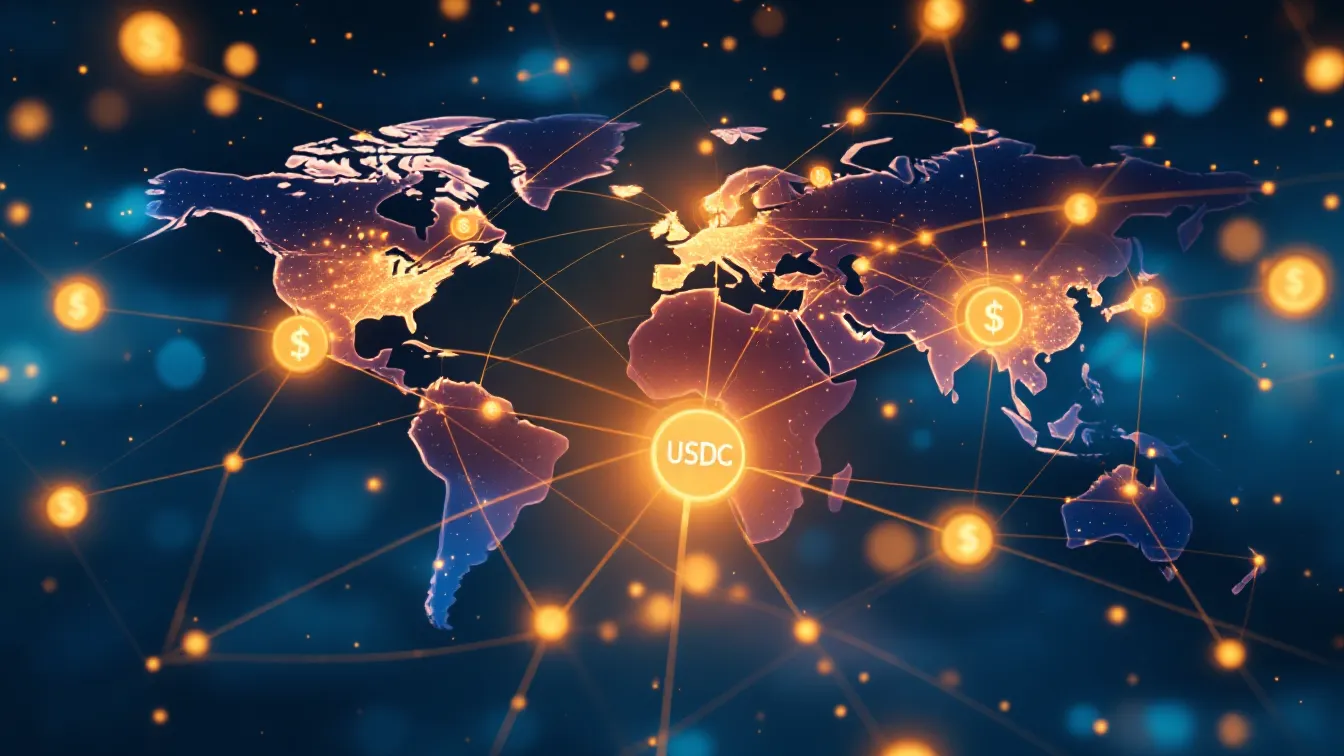 An elegant money transfer illustration connecting the world through USDC Global network of stable USDC transactions